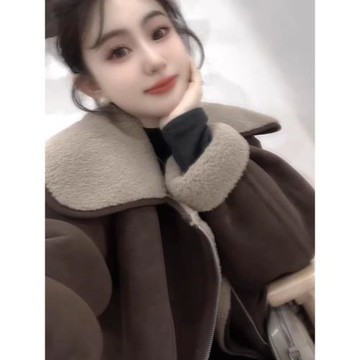 (免運)2025新款爆款深咖色機車服小個子短款羊羔毛皮毛一體外套女秋冬季