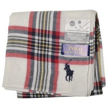 POLO RALPH LAUREN 白底色蘇格蘭格紋抗病毒加工小馬刺繡LOGO圖騰帕領巾(49CM)