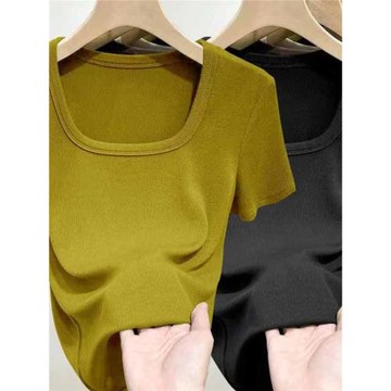 莫代爾螺紋短袖t恤女方領夏新款純色修身顯瘦百搭打底衫上領帶夾