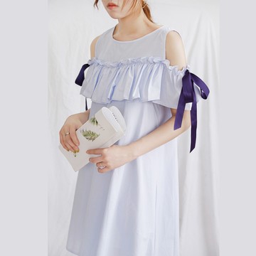 現貨雙層波浪一字領縮腰連身裙長洋裝【89-16-8055-18】ibella 艾貝拉