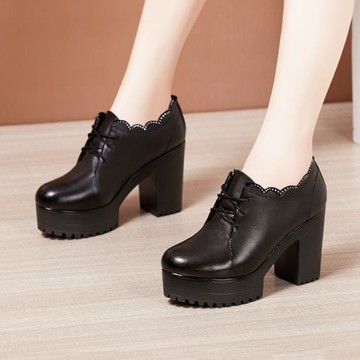 深口單鞋女粗跟厚底防水臺系帶秋冬工作鞋女圓頭高跟鞋女大碼單鞋