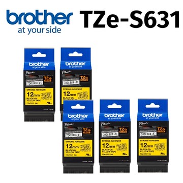 【5入組】brother TZe-S631 超黏性護貝標籤帶 ( 12mm 黃底黑字 )