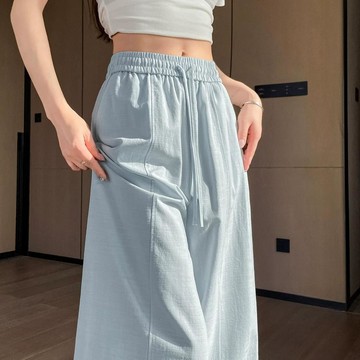【MIMU】寬鬆慵懶風冰絲棉麻彎刀闊腿褲女 速乾冰絲褲 顯瘦 百搭休閒 夏薄款透氣休閒褲 運動褲 高腰直筒褲 冰絲拖地褲