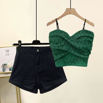 性感辣妹風夏季套裝女新款法式復古小吊帶背心牛仔提臀熱褲兩件套