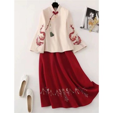 新中式禪意成人漢服秋冬新款民國風唐裝夾棉保暖上衣半裙兩件套女