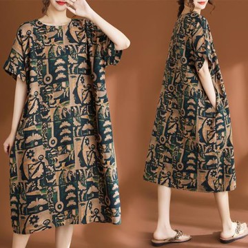 AKARA 日系藝文綿麻瓦瓷連身短袖洋裝(春夏/ 涼感 /棉麻 /寬版均碼 /中大尺碼)