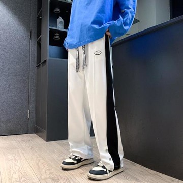 抽繩運動褲男直筒寬松闊腿褲春秋美式復古高街褲子條紋拼接休閑褲