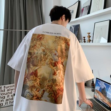 重磅t恤男美式復古油畫印花短袖夏季新款設計感半袖體恤男士上衣