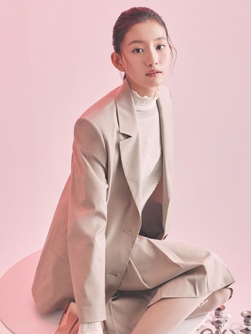 Ruffle Neck Textured Jersey Top [Beige] (BF5241N120)