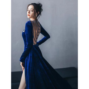 藍色長袖晚禮服裙女2025新款高級感高端輕奢小眾重工party主持人