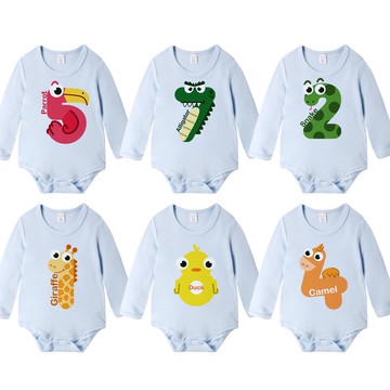 Augelute 藍色長袖包屁衣 獨家自印 動物數字包屁衣 純棉 圓領 男寶寶 女寶寶 爬服  66350