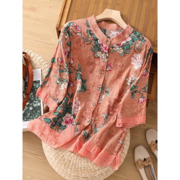 復古印花減齡漂亮亞麻襯衫女夏季寬松大碼顯瘦七分袖氣質棉麻上衣