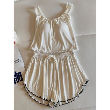莫代爾睡衣女夏季吊帶短褲兩件套四季薄款甜美網紅風帶胸墊家居服