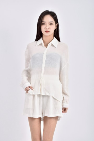 (S) 質感透膚長袖白色套裝