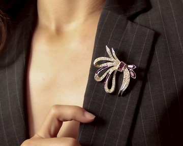 美國 PELL 品牌古董 紫白萊茵石緞帶蝴蝶結飾 銀色胸針