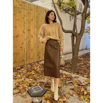 法式桔梗小香風綿羊皮皮裙真皮皮裙高級感小洋裝氣質a字半身裙