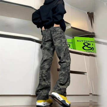 軍綠色彎刀迷彩褲男夏季修身伐木工裝褲子美式高街直筒微喇牛仔褲鑫弘-衣錦男裝