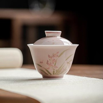 夏禾茶具純手繪蘭花粉色蓋碗不燙手茶杯單功夫茶巖茶泡茶碗品茗杯