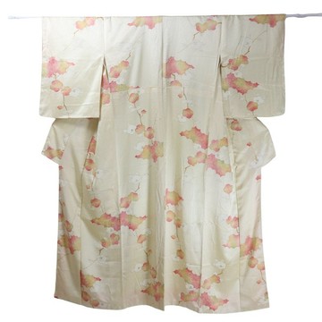 日本古著象牙白小紋和服 | 草花與葉紋樣 | 傳統和服罩袍