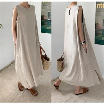 棉麻連衣裙女春夏長款無袖寬松大碼遮肚子微胖透氣慵懶度假風長裙