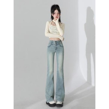 (免運)里歌曼淺藍色修身微喇叭牛仔褲女2025秋冬新款高腰顯瘦九分褲子女