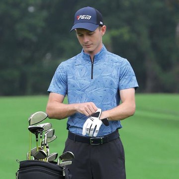 PGM新款高爾夫球衣男士速干短袖t恤 條紋立領時尚動休閑上衣彈力