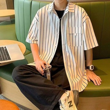 條紋襯衫男短袖日系港風復古寬鬆工裝外套夏季薄款痞帥高級感襯衣