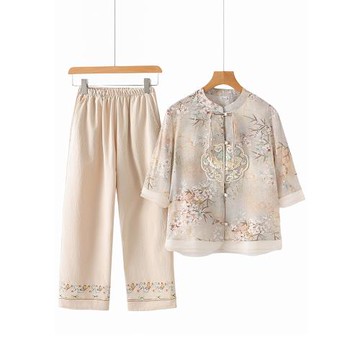 新中式媽媽夏裝2025新款洋氣國風小衫中老年女夏季套裝老年人衣服