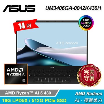 【ASUS 華碩】UM3406GA-0042K430H 14吋 R5 AI筆電 玉石黑【三井3C】