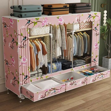 【帶抽屜簡易衣櫃】全鋼架佈衣櫃 大容量佈衣櫃 防塵衣櫃 鋼管衣櫃帶抽屜 簡易組裝掛衣架家用臥室結實耐用布衣櫃出租屋衣櫥