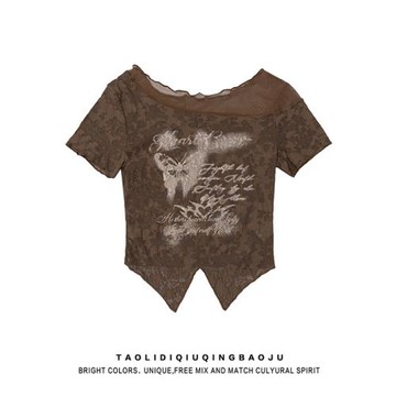 復古蝴蝶涂鴉網紗拼接短袖T恤女夏季不規則修身顯瘦露臍短款上衣