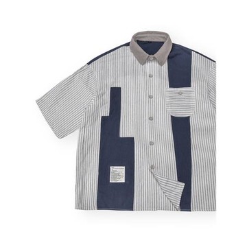LENGOIST純棉扎實日式男女寬松拼接翻領紐扣條紋口袋工裝改良襯衫