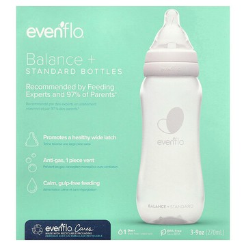 Evenflo Feeding, 平衡奶瓶，標準，0 個月以上，慢流量，3 個，每個 9 盎司（270 毫升）