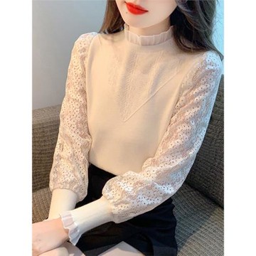 半高領蕾絲拼接打底衫女士2026春秋新款洋氣針織上衣內搭別致小衫