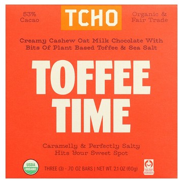 TCHO, Toffee Time，含太妃糖碎和海鹽的燕麥奶巧克力，53% 可可，3 根，每根 0.70 盎司