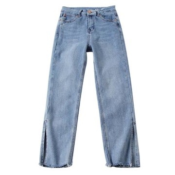 G123 側開叉九分牛仔褲秋季設計感修身彈力直筒高腰毛邊煙管褲