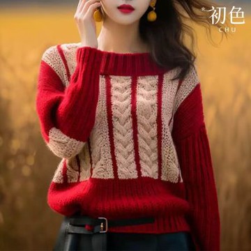 初色 休閒撞色精緻麻花寬鬆百搭圓領長袖針織毛衣上衣女上衣-紅色-38914(F可選)