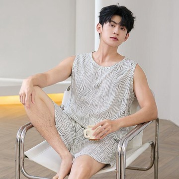 男士夏天棉綢睡衣夏季無袖薄款大碼背心短褲加大套裝家居服可外穿 居家服 寬鬆睡衣  大尺碼睡衣 男生睡衣 夏季睡衣 短袖睡