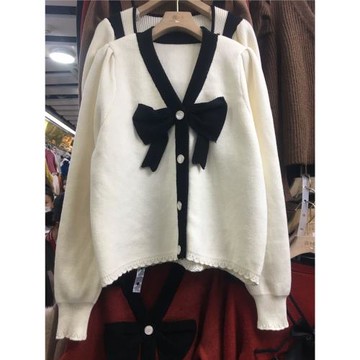 IU法式蝴蝶結V領開衫時髦赫本優雅范小香風外套撞色單排扣針織衫