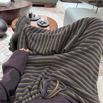 超實惠臘 秋冬女長褲 加絨褲 休閒褲 ins韓系少女撞色軟糯糯女長褲秋冬款新款高腰針織條紋長褲