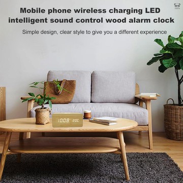 LED木頭手機充鬧鐘 (時間,日期,溫度, 3組鬧鐘,工作日模式,手機充電功能,聲  控功能,12/24小時選擇,顯示屏