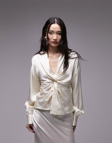 Topshop premium knot front satin long sleeve top in cream-White