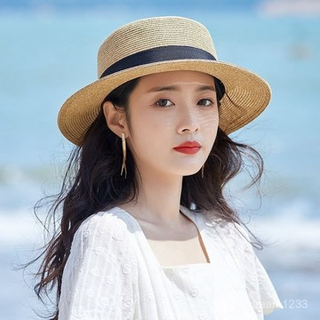 海邊度假🌟 【送防風繩】夏季新款平頂帽女海邊遮陽帽子防曬時尚顯臉小太陽帽沙灘帽 防曬帽