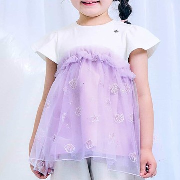 日本 apres les cours - 夢幻海洋蕾絲刺次短袖上衣-白x紫