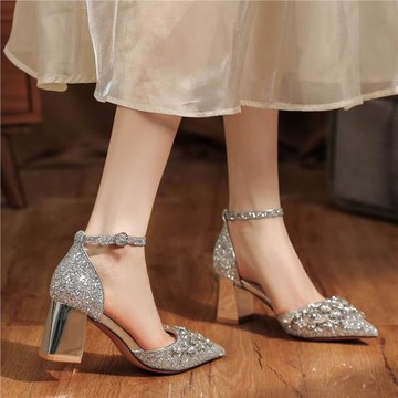 粗跟亮片水鉆一字帶搭扣婚鞋婚禮宴會禮服高跟鞋氣質格利特6666-3