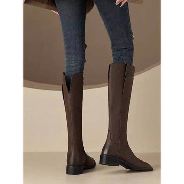 真皮復古棕色方頭騎士靴女2023冬季加絨英倫百搭顯腳小個子長筒靴