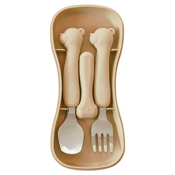 tgm 矽膠小熊造型不鏽鋼餐具組 可用洗碗機清洗  淺褐色  湯匙 + 叉子 + 收納盒  1組