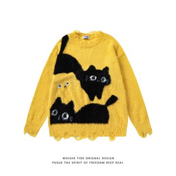 MOISHE TIDE秋冬復古可愛貓咪破洞毛衣男女寬松慵懶風情侶針織衫