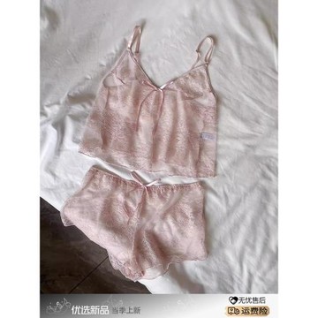 純欲風少女粉色性感睡衣女款夏季蕾絲半透網紗吊帶短褲家居服套裝