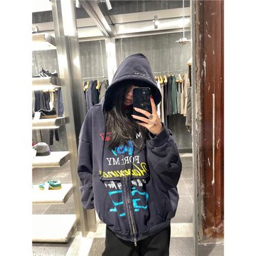 Grailz Project GR小眾潮牌水洗做舊破壞字母拉鏈連帽衫衛衣外套